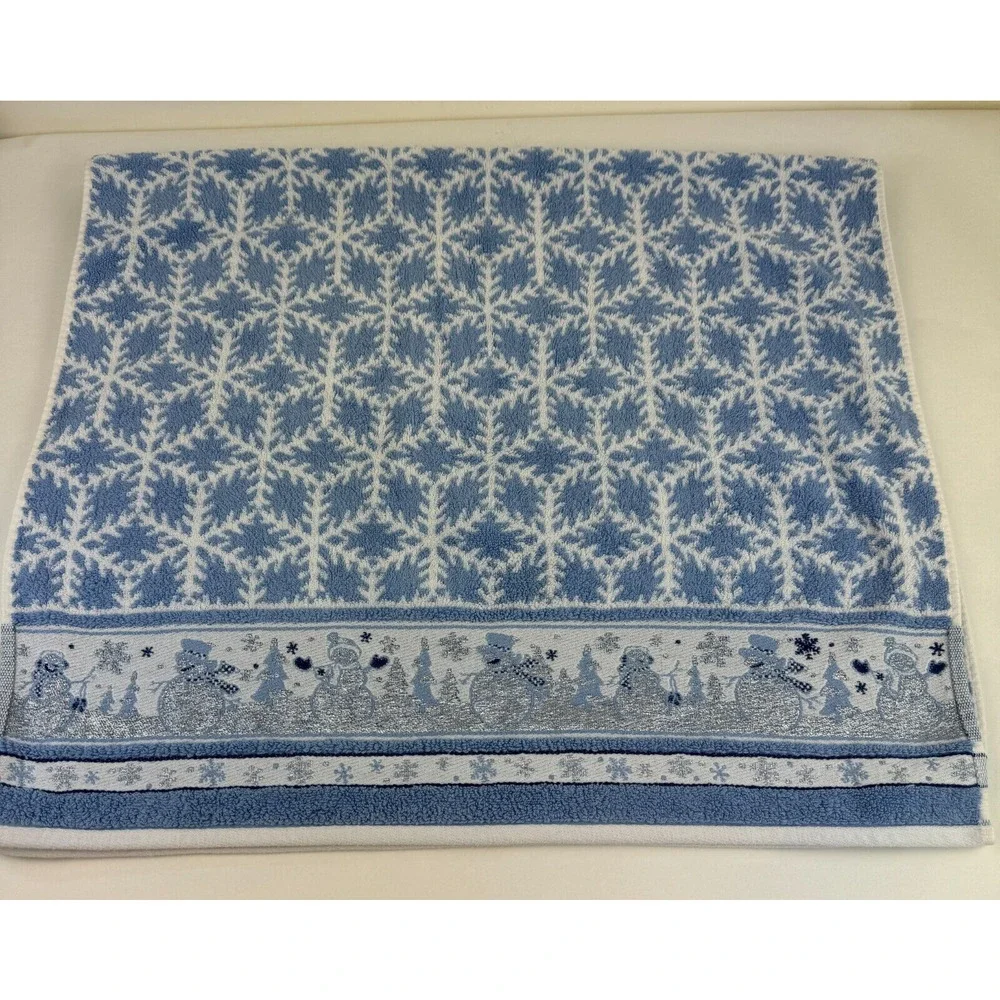 Vintage Bath Towel Cecil Sayday Set of 2 Snowman Snowflakes Blue white